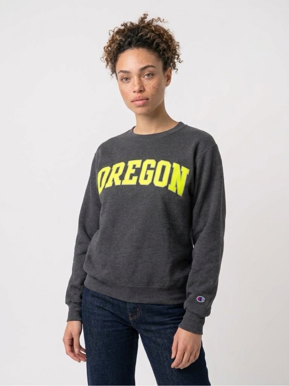 Champion Charcoal Crewneck Sweatshirt with Yellow Oregon Arch